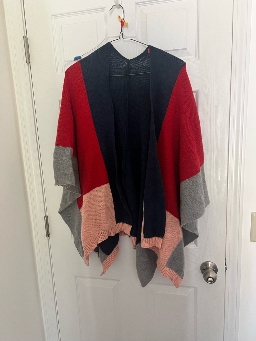 Colorblock Open-Front Knit Poncho - Navy, Red, Gray & Pink
